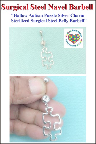 Hallow Autism Puzzle Silver Charm Surgical Steel Belly Barbell. - Picture 4 of 4