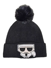 NWT  $58 KARL LAGERFELD PARIS KNIT BEANIE HAT WITH CUFF AND FAUX FUR POM-POM OS