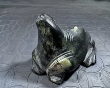 Vintage Inuit Soapstone Seal Carving – Dark Green Stone, Signed Underside, 11 oz