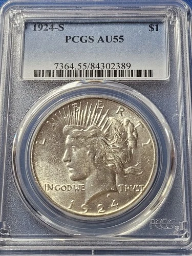 1924 S AU55 Peace Dollar graded by PCGS. Nice Coin!