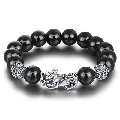 Silver PiXiu Feng Shui Black Obsidian Bracelet