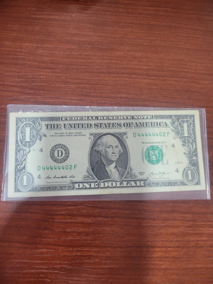 2013 One Dollar Bill $1 FRN Note FANCY SERIAL NUMBER D44444402F NEAR SOLID 4'S - Image 4 of 4
