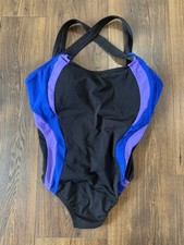 Lands' End Women's One Piece Swimsuit Scoop Neck X Back Size 10P Black Purple