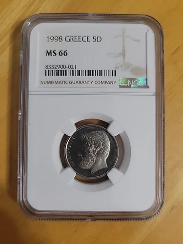 1998 Greece 5D Drachmes NGC Slab Graded MS66 8332900-021 KM# 131 Copper - Nickel