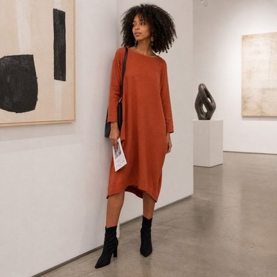 Black Crane Rust Linen Bud Ruched Sleeve Oversized Midi Dress Womens S Lagenlook