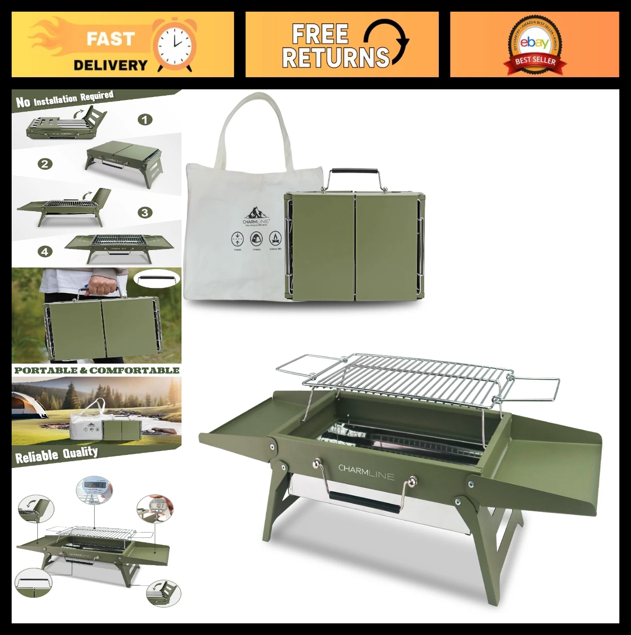 Portable Charcoal BBQ Grill 14x9" - Compact Foldable Camping Grill for 1-3 Peopl