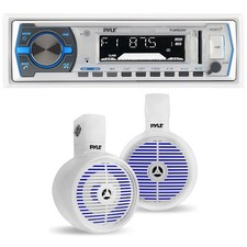 Pyle PLMRB29W 1-Din Receiver  1 Pair of 8" 300W Wakeboard LED White Speakers