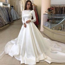 Simple Satin Wedding Dresses Long Sleeves Sweep Train Plus Size Bridal Gowns