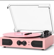 Vinyl Record Player 3 Speed Treble  Bass Control Pink Built-in Speakers BT