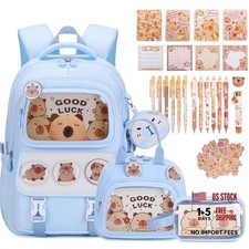 Blue Capybara Backpack for School Girls - 30PCS - Blue with Stationery