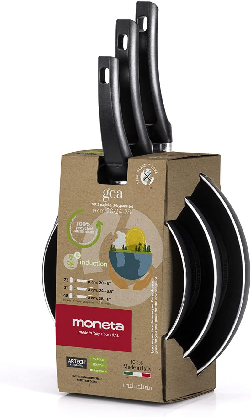Moneta Gea Set 3 Padelle Induzione 20-24-28cm Alluminio Riciclato