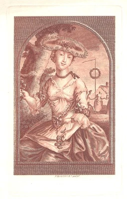 Radierung, Dame mit Blumen, F. Bartolozzi, um 1780, Mai-Tanz (?) - Bild 1 von 3