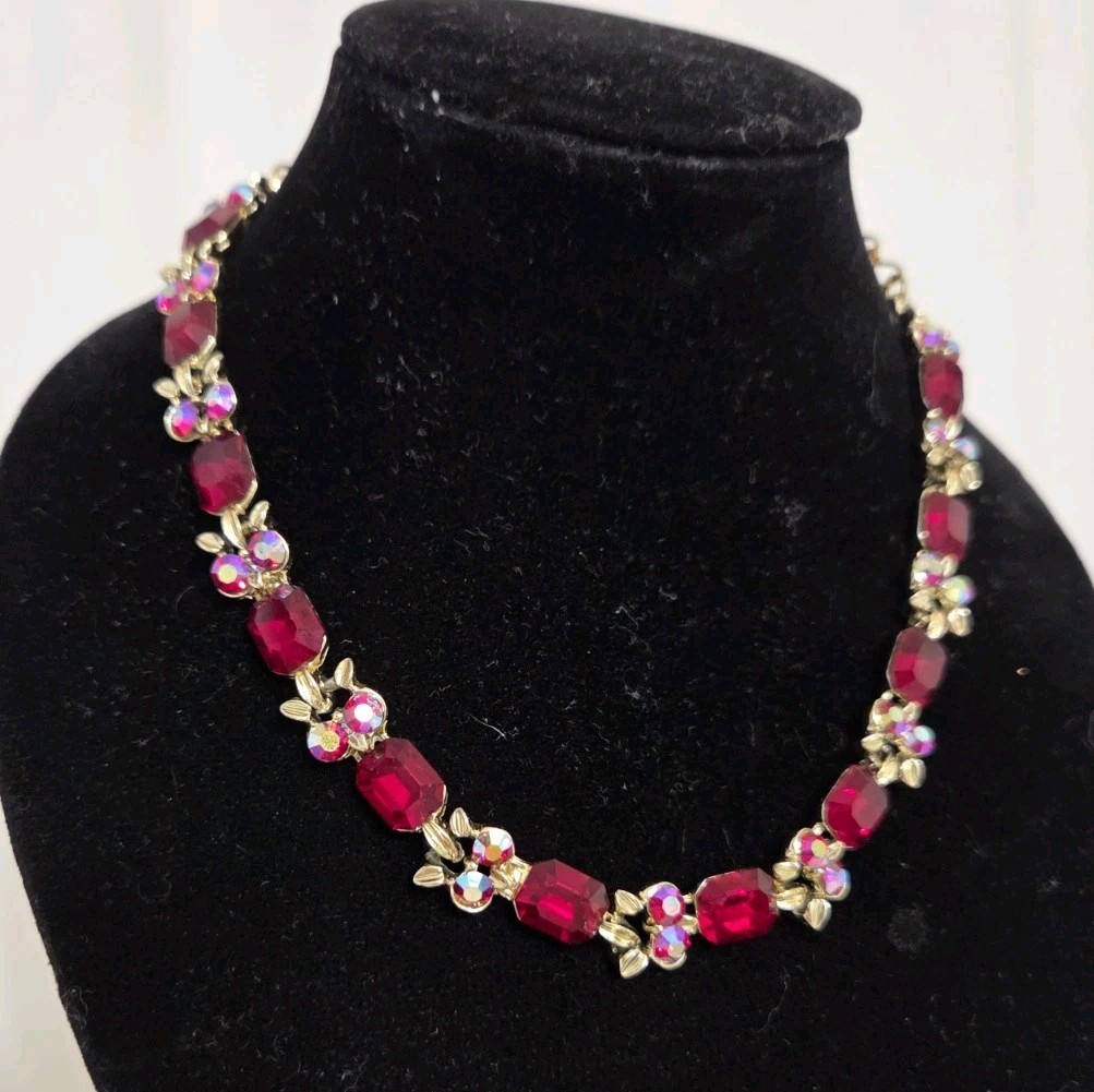 Vtg MCM Ruby Red Rhinestone Statement Necklace Go… - image 1