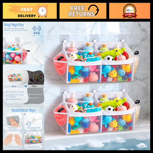 2 Pack Large Bath Toy Organizer - Quick-Dry Mesh Storage with 2 Compartments & P