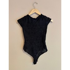 Papaya Black Embroidered Mesh Bodysuit Open Back Cap Sleeve Small