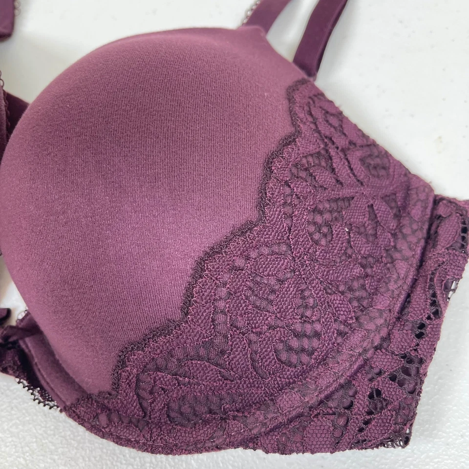 Victorias Secret Push Up Lace Trim Bra Plum Purple 32D Padded Underwire - Image 3 of 4