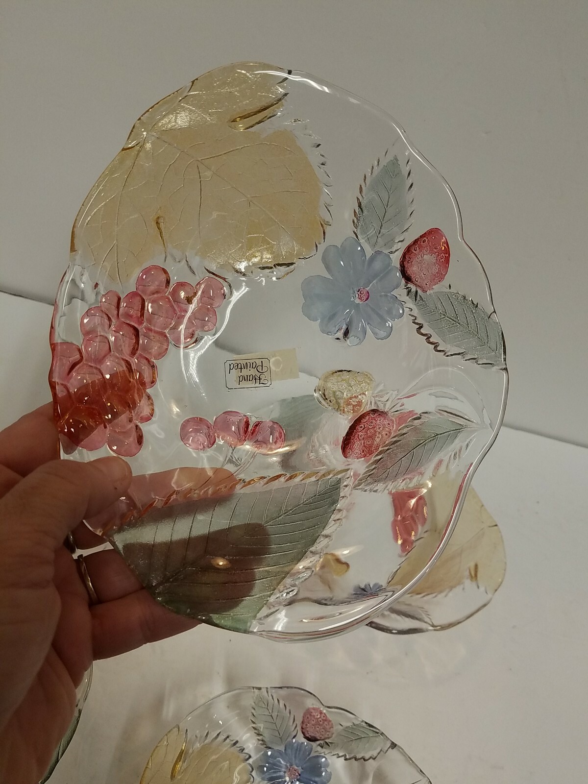 POTTERY BARN JAPAN 3D HAND PAINTED EMBOSSED FRUIT GLASS BOWLS 71/2 x 6