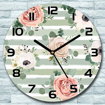Wanduhr aus Glas Rund fi 30 Gestreifte Rosen Quarz Deko Wohnzimmer Büro