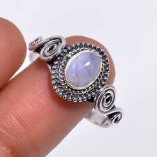 925 Sterling Silver Natural Rainbow Moonstone Statement Ring, Oxide Antique Ring