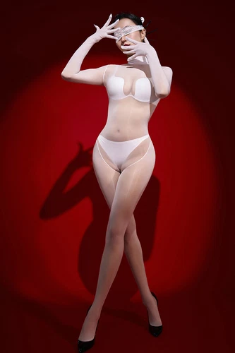 Rückenreißverschluss nahtlos Bodystocking Body transparent ölig glänzend Overall mit Handschuhen - Bild 32 von 69