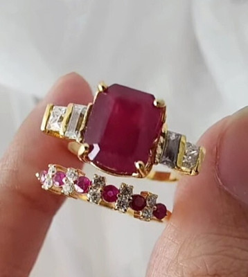 Women's Engagement Band Ring Set 3Ct Simulated Ruby&Diamond 14k Yellow Gold Over