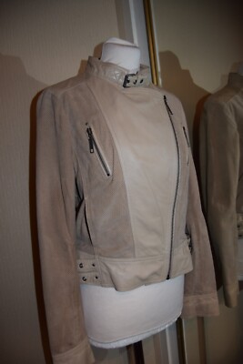 Mint Velvet Camel Beige Butter Soft Leather Suede Biker Cropped Jacket 12  Zips UK
