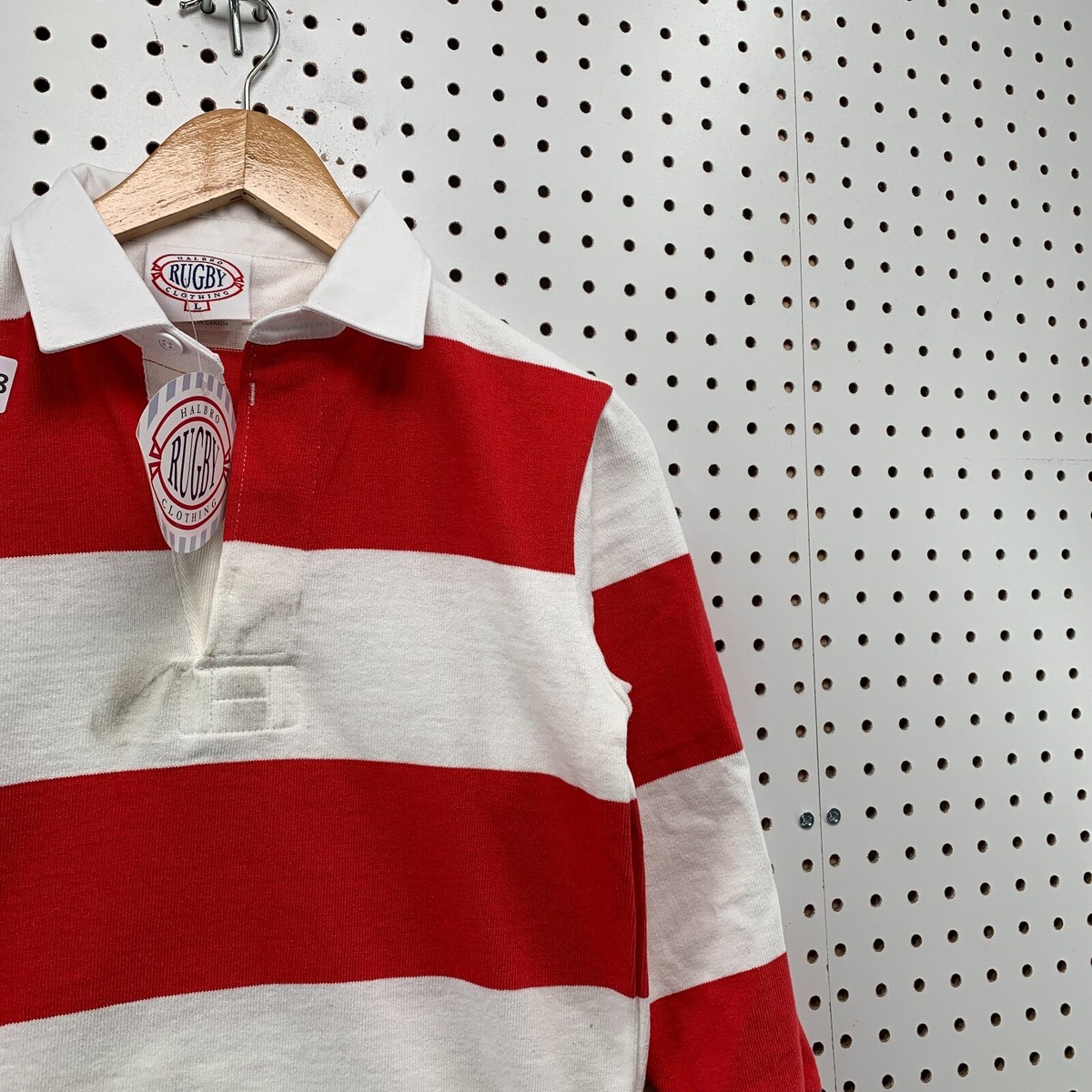 HALBRO ラグビー F.I.R  長袖ポロシャツ　XLサイズ New Halbro Rugby Polo Shirt Youth Large Red White Striped