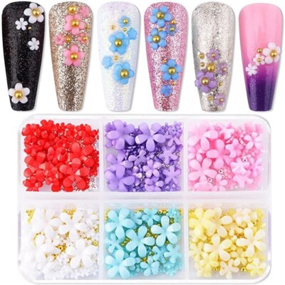 3D Blumen Nail Art Charms – 6 Gitter Mit Acrylblumen & Strass | Für DIY Nageldesign, Frühling & Festivals