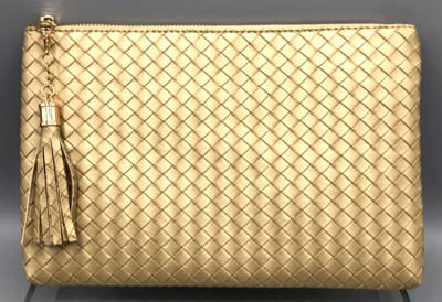 Virginia Wolf Mimi Woven Gold Vegan Metallic Leather Pouch Clutch NEW