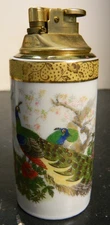 Vintage Mid Century Peacock Porcelain Cylinder Table Lighter 4.5"x1.88"x1.88" VG