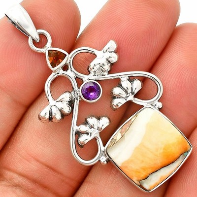Stachelige Auster Türkis, Mandarine Citrin & Amethyst 925 Silber Anhänger P-1294