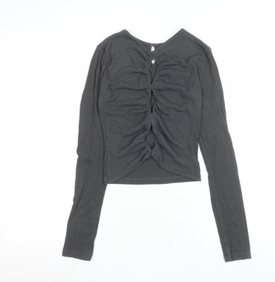 THE KRIPT Damen Oberteil schwarz XS Cropped Langarm gerafft gerippt