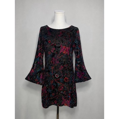 Burnout Velvet Floral Bell Sleeve Mini Dress XL ECI New York
