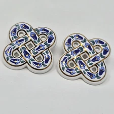 Vintage Avon Celtic Knot Blue Floral Enamel Ceramic Porcelain Stud Earrings 90s
