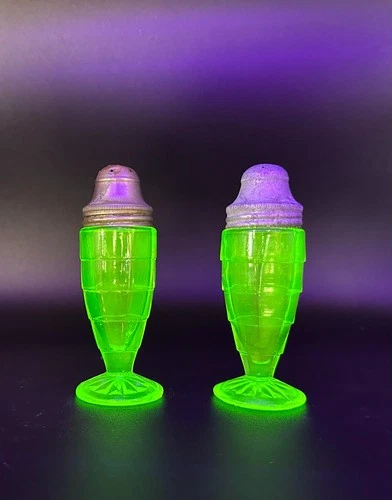 Hocking Glass Co Block Optic Salt and Pepper Shakers Depression Uranium Glass