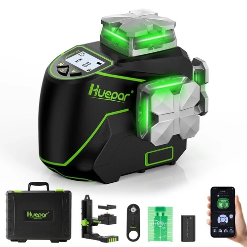 HUEPAR LCD Display Cross Line Laser Level Green Beam Bluetooth Remote Control