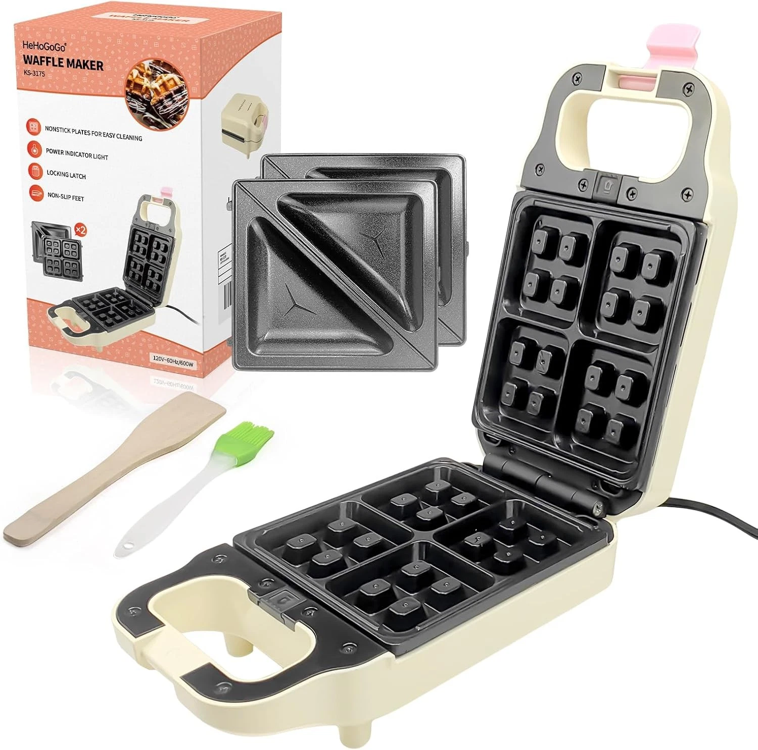 Waffle Maker Electric Sandwich Maker 2 in 1 W/ Non Stick Removable Plates