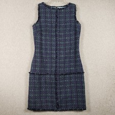 STS Sail to Sable Plaid Tweed Sleeveless Dress Navy Green Fringe Preppy Sheath