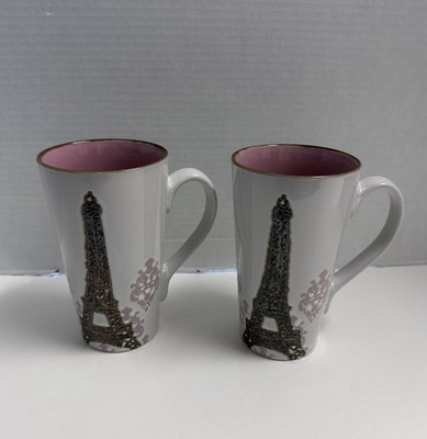 Set of 2 Eiffel Tower Latte Coffee Mugs Pink White Paris Chic Tall Cups