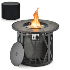 32" Patio Round Fire Pit Table 30,000 BTU Propane Gas Firepit w/ Fire Glasses