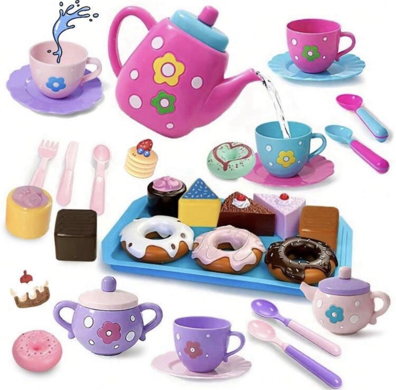Princess Pretend Play Tea Set with Teapot, Cups, Plates, Utensils, Desserts