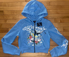 NEW NWT ED HARDY Swallow Bird Zip Up Logo Hoodie Sweatshirt Powder Blue Size L