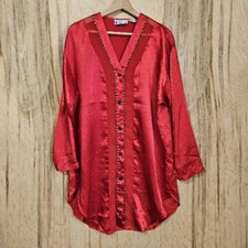 Inhibitions Womens Vintage 90s Red Satin Feel Nightgown Sheer Accents Size Med