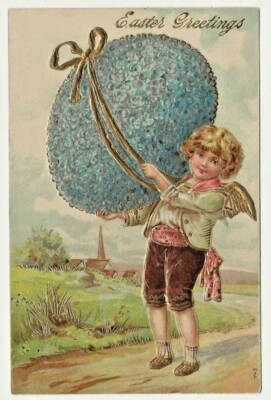 Easter Postcard Embossed Cherub Holding a Huge Blue Egg Antique c1910