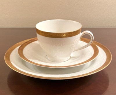 SCHERZER Bavaria Germany Fine Porcelain White/Gold Cup Saucer & Plate-3 pc Set