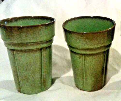 Frankoma Pottery Tumblers - 2 - Prairie Green 80c 4.75" tall (38A)
