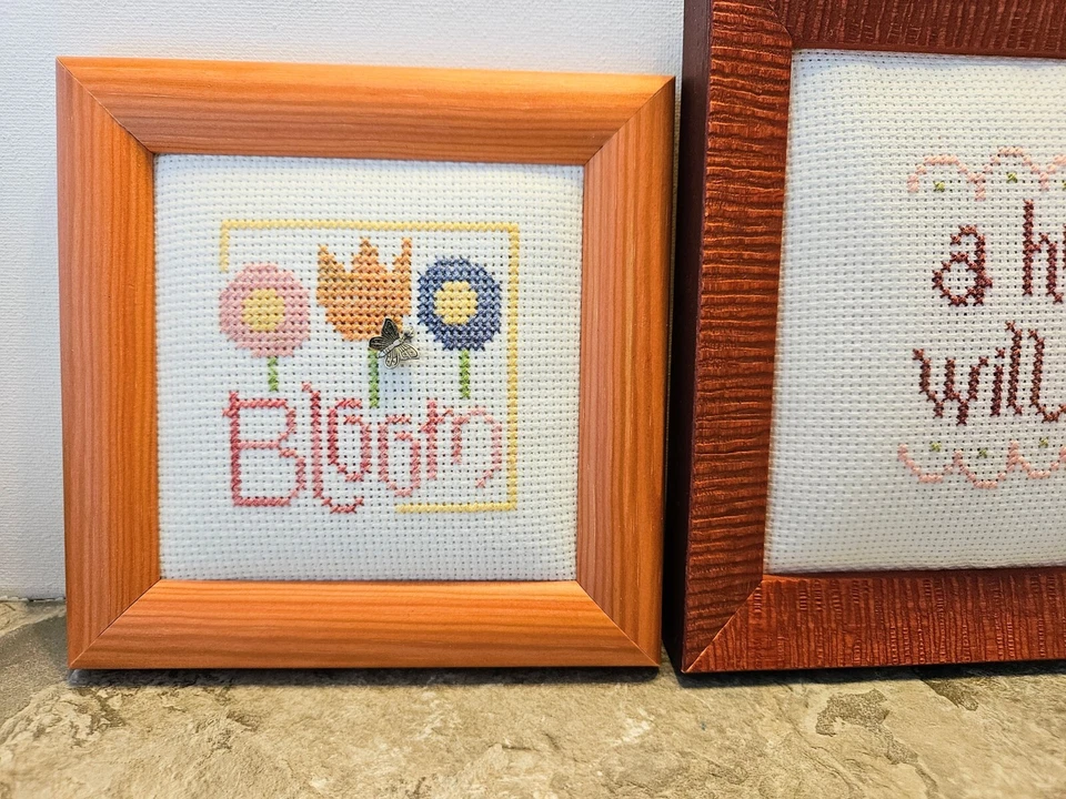 3 Wood Framed Handmade Cross Stitch "Be Nice,A Hug Will Do, Bloom" With Trinkets - Image 2 of 4