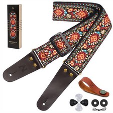Vintage Embroidered Cotton Guitar Straps with Genuine Leather Ends for Bass E...