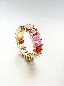Authentic EXQUISITE 18kt Gold Plated Pink Red Multi Baguette CZ Crystals Statement Ring