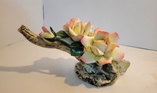 VINTAGE Rare Elegant Large Capodimonte Pink Roses on Elongated Open Log